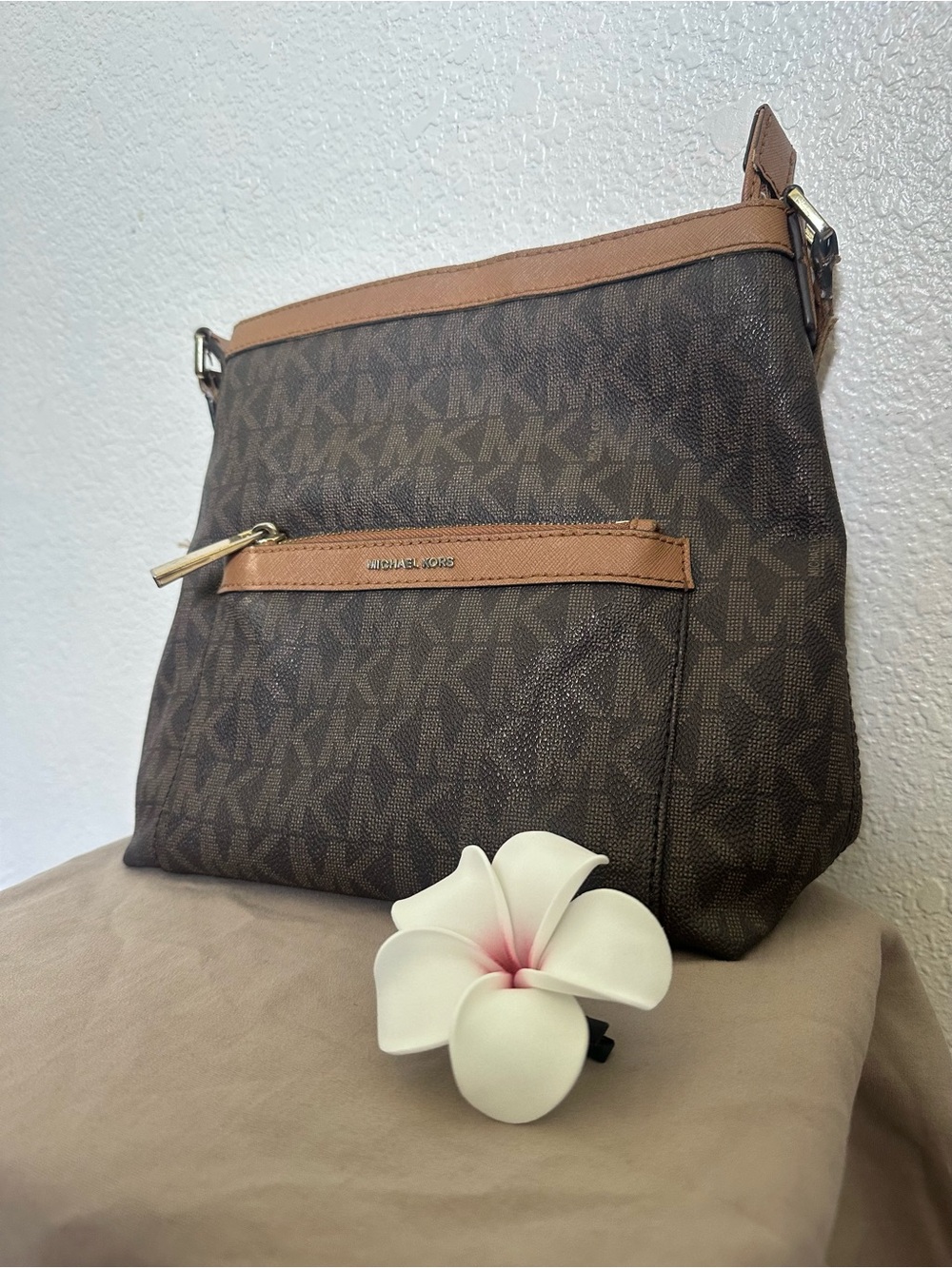 Michael Kors Brown MK Logo Signature Crossbody Purse Gold Hardware